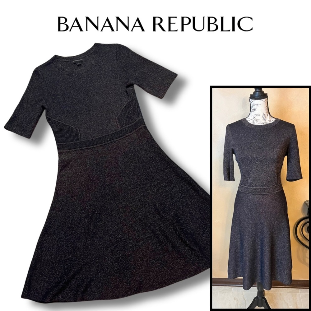 Banana Republic Metallic Fit & Flare Sparkly Midi Dress Black Navy Gold Bronze